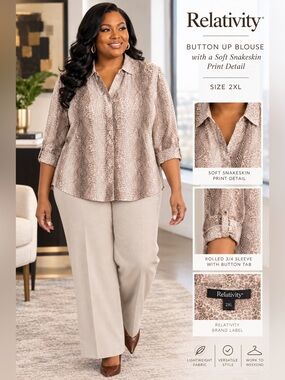 Relativity Women's Snakeprint Button Front Blouse Sz 2X